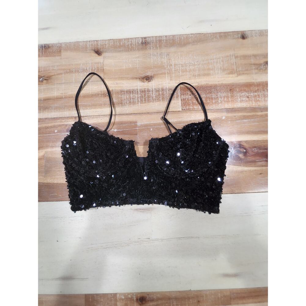 Anthropologie Black Sequin Crop Top Party Cami Bralette